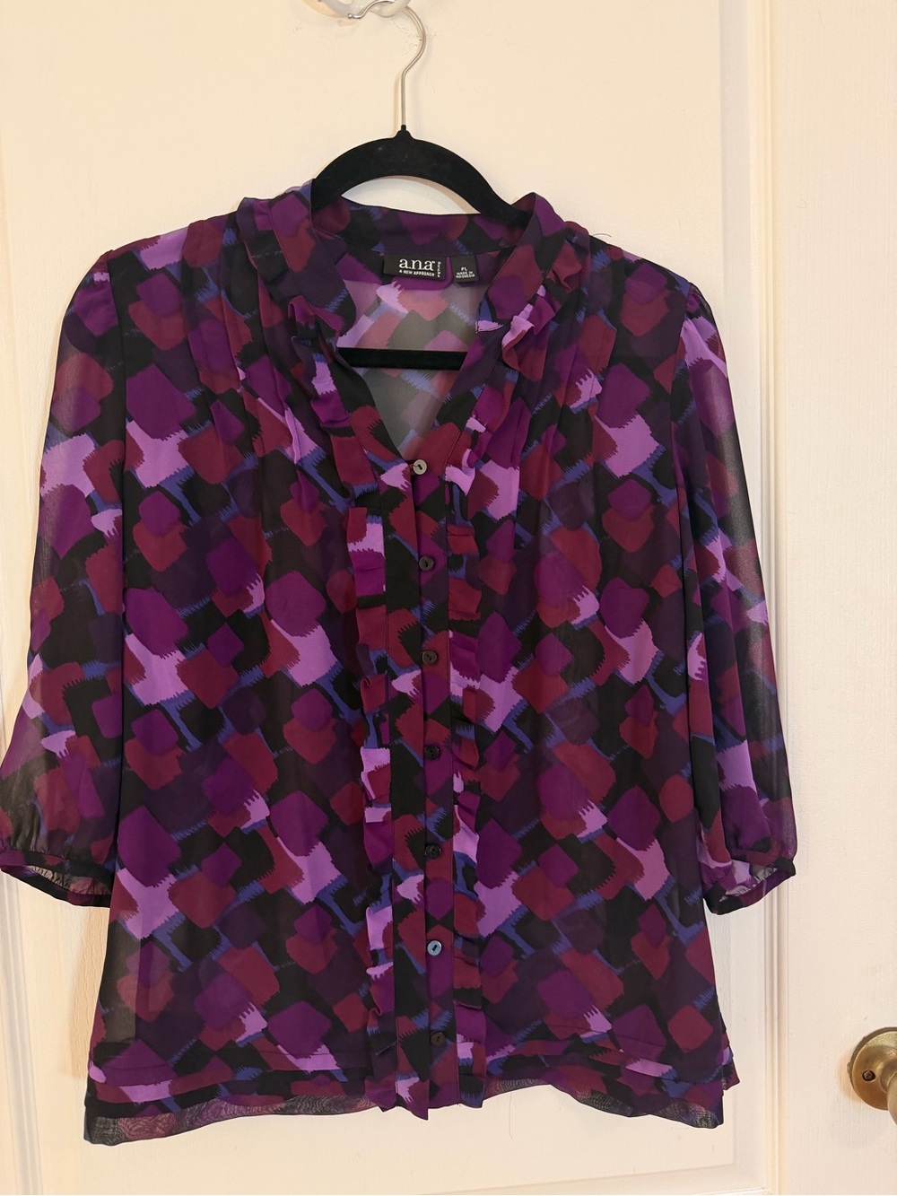 a.n.a Vintage-Inspired Purple Abstract Print Sheer Button-Front Blouse